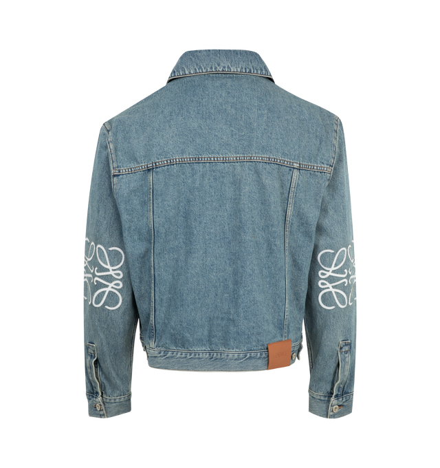 Image 2 of 3 - BLUE - LOEWE Anagram Jacket featuring regular fit, regular length, classic collar, button front fastening, buttoned cuffs, buttoned chest flap pockets, welt pockets, LOEWE embossed leather patch placed at the back and contrast Anagram cut-outs at the elbows. 100% cotton.