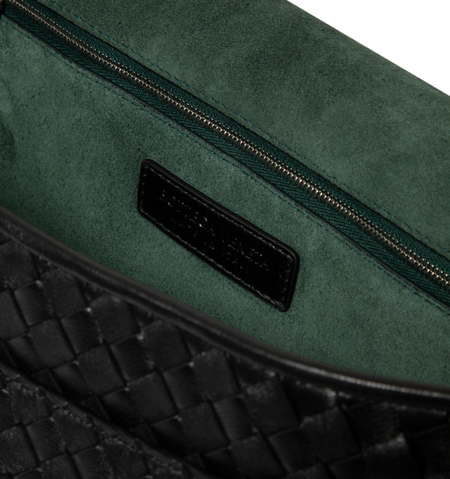 Image 3 of 3 - BLACK - Bottega Veneta Men's Large Messenger bag is crafted with a magnetic flap closure and rounded shape in soft Intrecciato nappa leather. Featuring one main compartment with an interior zipped pocket and one open pocket on the front. Lining: Suede, Hardware: Silver finish. Made in: Italy