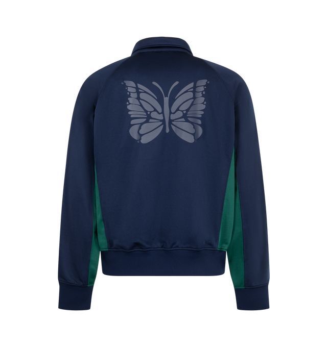Image 2 of 3 - BLUE - Needles x Fila Men's Ventisei Track Jacket is crafted from polyester and features a heritage-inspired silhouette based on FILA's iconic Settanta Jacket. Designed as part of the first collaboration between Needles and FILA, it is defined by bold color-blocked panels, a large Papillon motif across the back, and a sporty zip-front construction that blends archival sportswear with contemporary styling. Main Material: 100% Polyester.