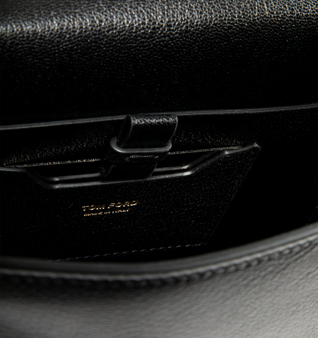 Image 3 of 3 - BLACK - TOM FORD Aube Small Leather Top-Handle Bag featuring smooth goatskin leather with the signature metal double "T" hardware, flat top handle, flap top with push-lock closure, interior, one slip pocket and leather lining. 7.4"H x 9.8"W x 3.5"D. Made in Italy.