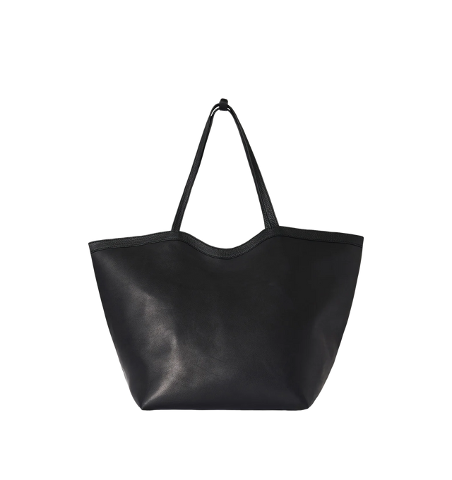 Image 1 of 3 - BLACK - THE ROW XL Stitched Park Tote Bag featuring classic tote bag in polished saddle leather with interior tie closure, textured calfskin leather trim and removable interior wristlet with adjustable strap. 23 x 11.75 x 13.75 in. Handle: 10.5 in. drop. Antique silver hardware finishing. 100% calfskin leather. Lined in 100% lambskin leather. Made in Italy.