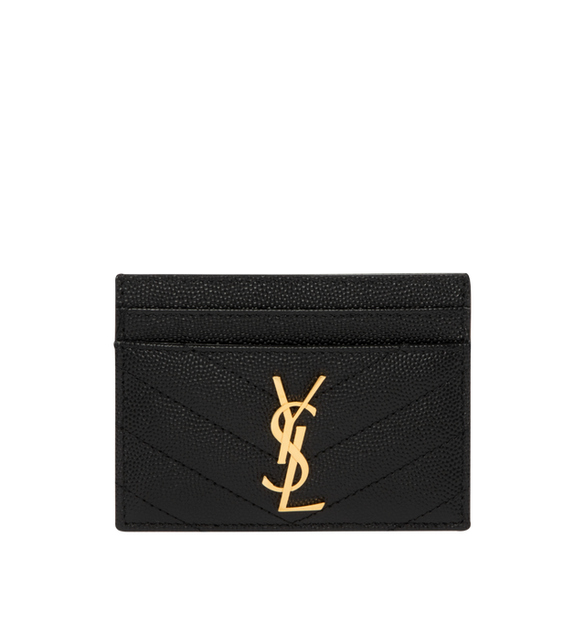 Image 1 of 3 - BLACK - SAINT LAURENT Cassandre Card Case featuring card holder made with metal-free tanned leather, decorated with cassandre, quilted overstitching, gold-toned metal hardware, five card slots and leather and grosgrain lining. 4.1 x 3 x 0.2 inches. Made in Italy.