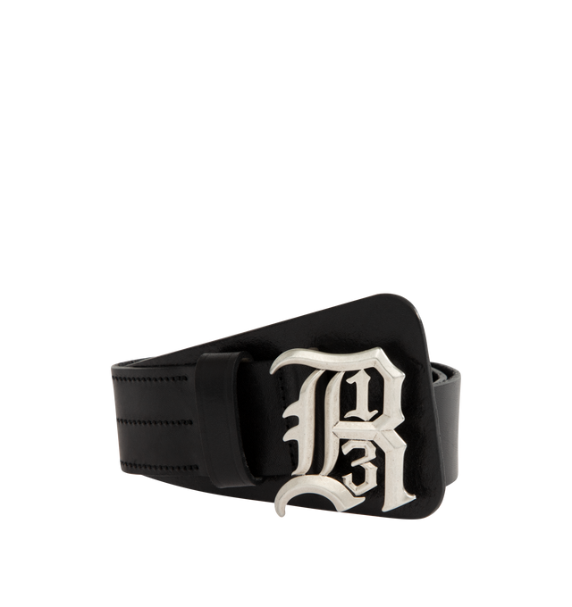 Image 1 of 2 - BLACK - R13 Logo Buckle Belt featuring genuine leather belt with silver-tone logo buckle closure.