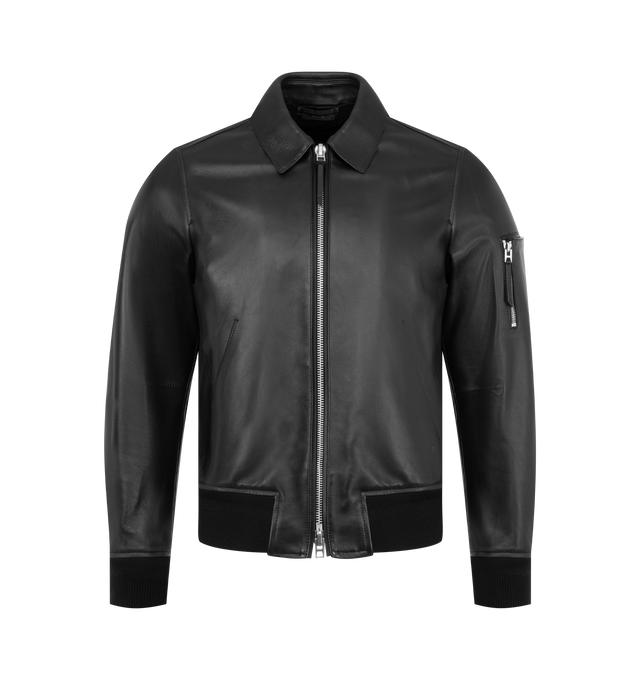 Image 1 of 3 - BLACK - TOM FORD Soft Nappa Plonge Collar Blouson Jacket featuring grained lambskin jacket, spread collar, two-way zip closure, welt pockets and embossed logo at waist, rib-knit hem and cuffs, utility pocket at sleeve, welt pocket at interior, cotton-blend twill lining and logo-engraved silver-tone hardware. 100% lambskin. Body lining: 56% cotton, 44% viscose. Sleeve lining: 61% cupro, 39% viscose. Made in Italy.
