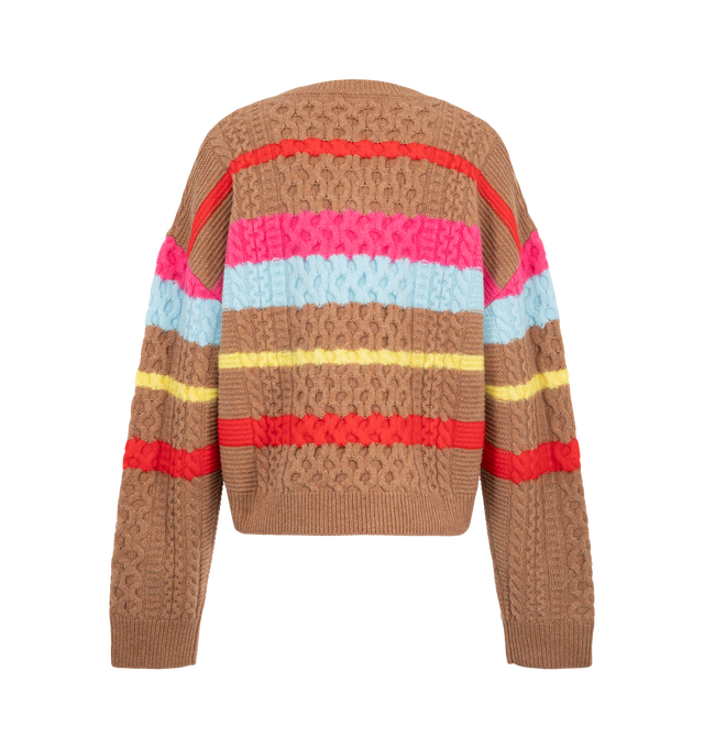 Image 2 of 2 - BROWN - Mira Mikati Women's Stripe Chunky Cable Knit Jumper with Embroidery is crafted from a soft wool-blend chunky cable knit and features a relaxed silhouette with a classic crew neckline. Designed with vibrant multicolor stripes and playful embroidered details scattered throughout the body, this statement sweater is finished with rib-knit trims at the neck, cuffs, and hem for a cozy feel and effortless layering. Main Material: 55% Wool, 25% Nylon, 20% Cotton. Contrast: 50% Wool, 30% Nylon