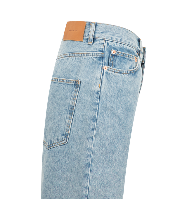 Image 3 of 3 - BLUE - WARDROBE.NYC Denim Low Rise Shorts featuring low-rise, belt loops, five-pocket styling, button zip-fly and long length. 100% cotton.