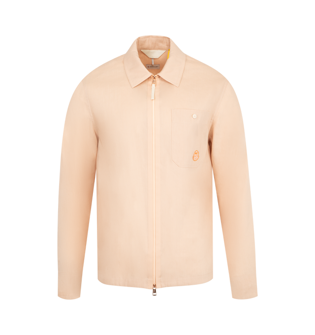Image 1 of 2 - PINK - Moncler x Gilga Farm Designed by Donald Glover Linen Blend Shirt featuring linen blend canvas, collar, long sleeves, zipper closure, pocket with button closure, adjustable cuffs and logo patch. 58% flax/linen, 42% lyocell. Made in Romania.