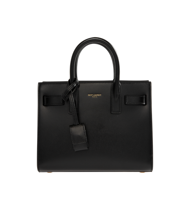Image 1 of 3 - BLACK - SAINT LAURENT Sac De Jour Nano Bag featuring accordion sides, snap button closure, top handles, bronze-tone hardware, removable zipper compartment, and leather lining. 90% calfskin, 10% brass. Made in Italy.