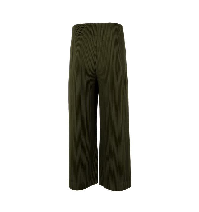 Image 2 of 4 - GREEN - ISSEY MIYAKE Pleats Bottoms 2 featuring concealed drawstring at waistband, two-pocket styling, button-fly, pinched seams at front and back and cropped leg. 100% polyester. Made in Japan. 
