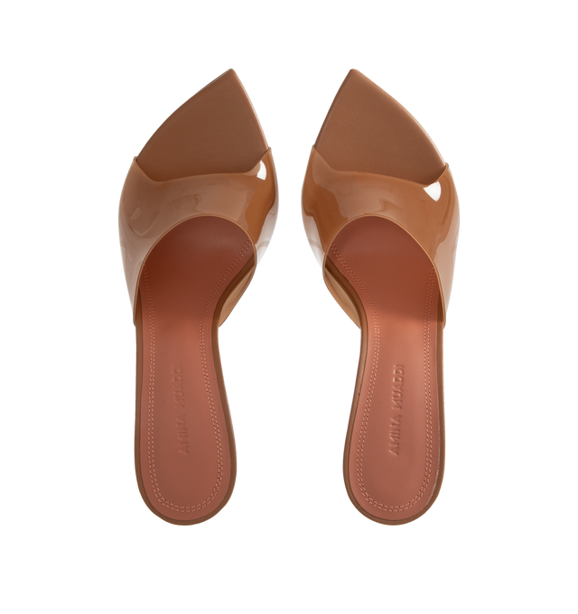 Image 4 of 4 - BROWN - AMINA MUADDI Bianca Glass Slipper featuring shiny silver heel, pointed open toe and 95mm plexi heel. 100% PVC. Lining: 100% goatskin. Made in Italy.