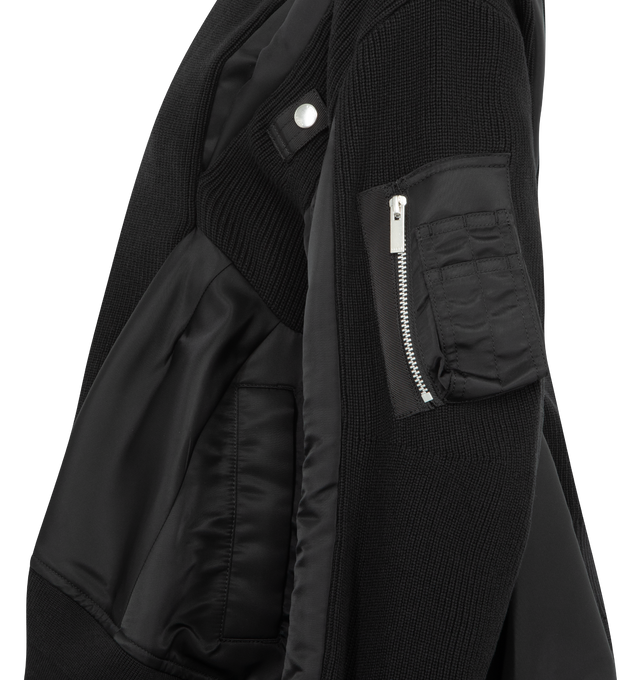 Image 4 of 4 - BLACK - SACAI Nylon Twill x Knit Blouson featuring round neck, long sleeves, stitching details, stretch cuffs and hem. 52% cotton, 46% polyester, 1% nylon, 1% polyurethane.