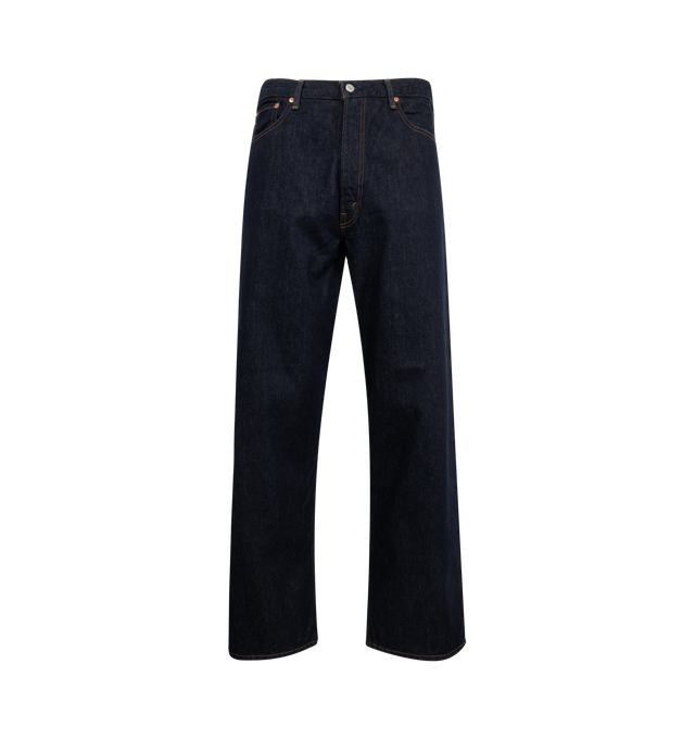 Image 1 of 3 - NAVY - ORSLOW Super Dad's Denim Pants featuring wide fit leg and seat, Japanese denim, zip fly and five pocket construction. 100% cotton. Made in Japan.