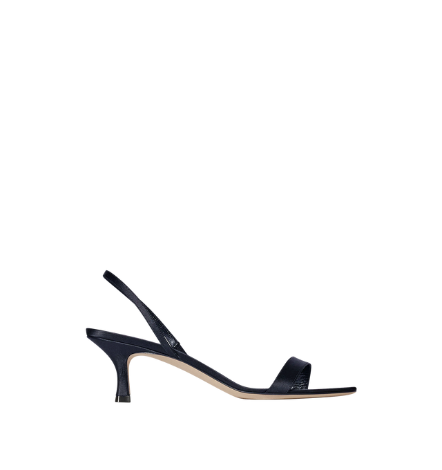 Image 1 of 5 - NAVY - The Row Women's Ella Kitten Slingback Heel featuring heeled sandal in satin with almond toe, slim heel and toe straps with concealed elastic band and leather sole. 2 in. heel. 72% viscose, 28% silk. Lined in 100% lambskin leather. Calfskin leather sole. Made in Italy.