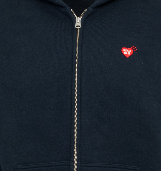 Image 3 of 4 - NAVY - HUMAN MADE Zip-Up Hoodie featuring zip front closure, heart logo embroidery on the chest and "Human Made" print on the back.  