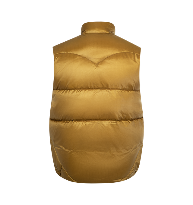 Image 2 of 3 - YELLOW - HUMAN MADE Reversible Down Vest featuring nylon ripstop fabric with down and feather filling, lightweight material with a shiny appearance, reversible design combines dark and light colors, dark-toned side features a duck name tag, light-toned side has a heart patch, quilt stitching forms a heart on the back, both sides have two front pockets and logo snap button closure. 100% nylon.