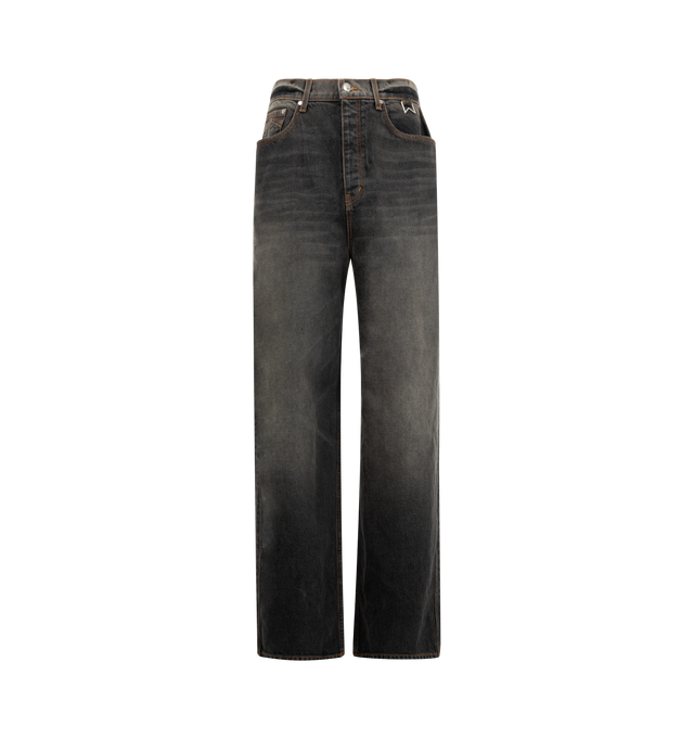 Image 1 of 4 - BLACK - RHUDE Traxedo Denim featuring classic wide leg cotton denim jeans, a mid rise, signature traxedo detailing down the leg, custom Rhude Closure button, zip fly, and hardware. 100% cotton.