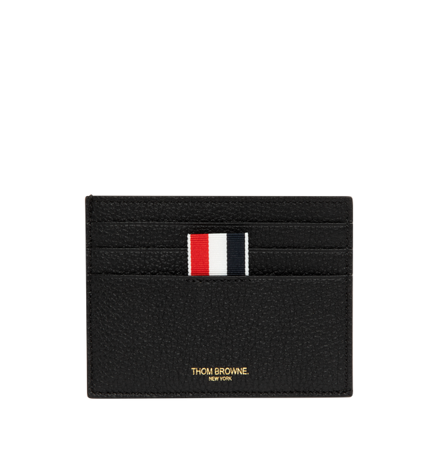 Image 1 of 3 - BLACK - THOM BROWNE Soft Pebble Grain Card Holder featuring single card holder in soft pebble grain leather with note compartment, 3 card slots on both sides, gold foil printed logo at face and signature striped grosgrain loop tabs at face. L 10 x W 2 x H 8 cm. 100% calf full grain leather. Made in Italy.