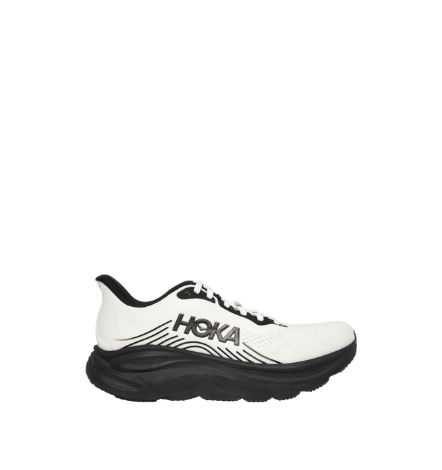 Image 1 of 5 - BLACK - Hoka Mens Clifton 11 Running Shoes feature an engineered mesh upper with reflective details and 3D-printed overlays. Designed with a CMEVA midsole, Rearfoot-Focused Active Foot Frame, MetaRocker geometry, open-cell sockliner, double-lace lock system, and Durabrasion rubber outsole for lightweight cushioning, stability, and everyday road running. Upper: Engineered Mesh; Midsole: CMEVA; Outsole: Durabrasion Rubber. Imported.