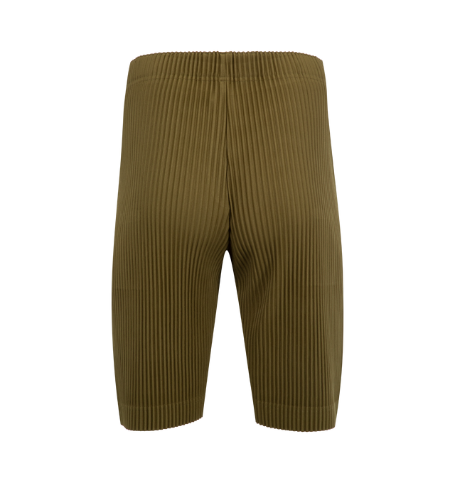 Image 2 of 3 - GREEN - ISSEY MIYAKE Color Shorts featuring relaxed-fit, pleated polyester, concealed drawstring at elasticized waistband, two-pocket styling and button-fly. 100% polyester. Made in Japan.