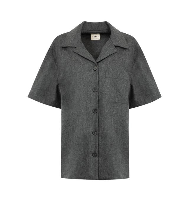 Image 1 of 2 - GREY - KHAITE Riordan Top featuring cuban-collar, relaxed fit, lightweight and luxurious Italian wool-cashmere, chest pocket, back yoke, and tortoiseshell buttons. 100% wool.