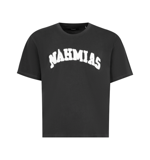 Image 1 of 2 - BLACK - NAHMIAS Arch Boxy Tee featuring crewneck, short sleeves, logo at front and pullover style. 100% cotton. Made in USA.