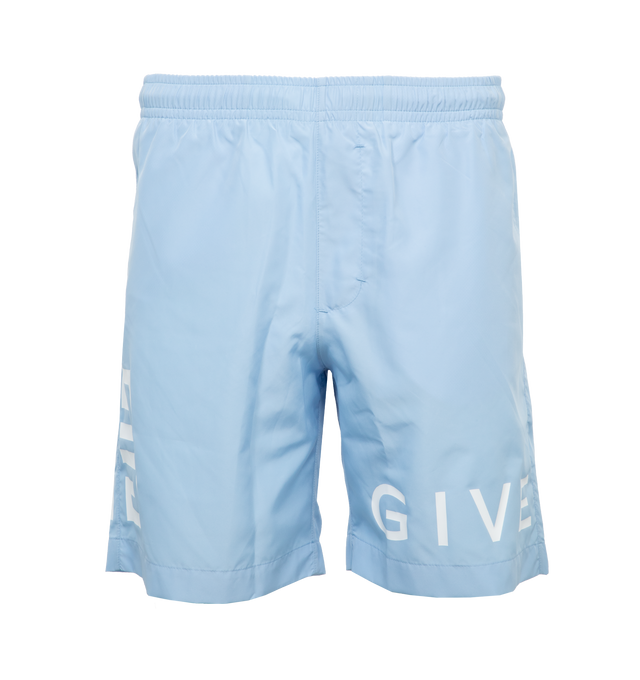 Image 1 of 4 - BLUE - GIVENCHY 4G NYLON LONG SWIMWEAR are made with recycled nylon with Givenchy 4G contrasted print, two side pockets, one back welt pocket and elastic waist. 100% polyester. Lining: 100% polyester. 