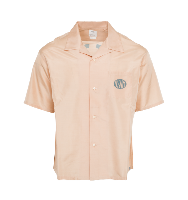 Image 1 of 4 - PINK - VISVIM Crosby Silk Shirt featuring short sleeves, spread collar, button front closure, patch pocket on chest and logo on front and back. 100% silk.  