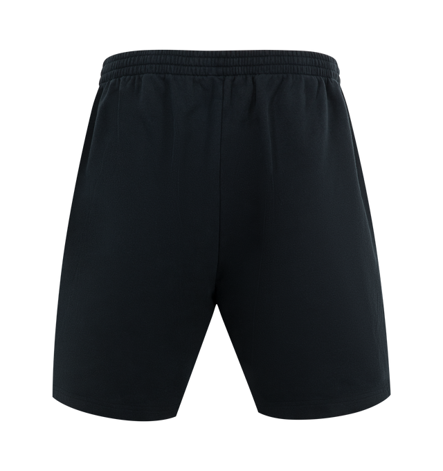 Image 2 of 3 - BLACK - BALENCIAGA Taped Balenciaga Back Shorts featuring dry fleece, elasticated waistband, 2 slash pockets, knee length and taped Balenciaga Back artwork embroidered at front. 100% cotton. Made in Portugal.