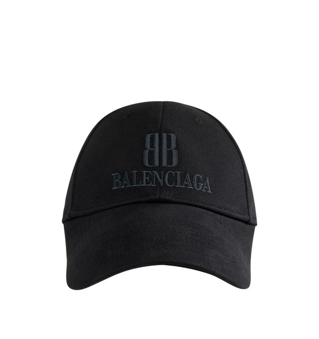 Image 1 of 2 - BLACK - BALENCIAGA Classic Baseball Cap featuring baseball cap shape, adjustable hook and loop tab at back, Balenciaga Logo embroidered on the front and ventilation eyelets embroidered on top. 100% cotton. Made in Italy.