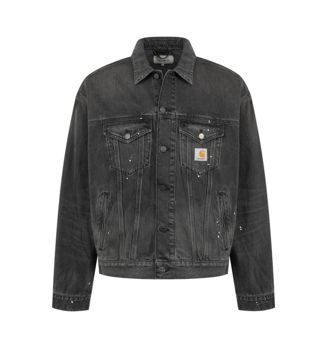 Image 1 of 3 - BLACK - CARHARTT WIP Helston Jacket featuring front button closure, rigid denim, unlined, triple stitched, two chest pockets with button closure, adjustable cuffs and waist, personalized buttons and square label. 100% cotton.