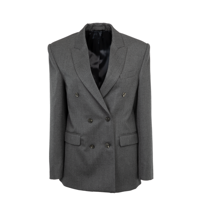Image 1 of 3 - GREY - WARDROBE.NYC Double-Breasted Blazer featuring peak lapels, long sleeves with button cuffs, chest welt pocket, double-breasted button front, waist flap pockets nd back slits. 100% wool. Lining: 100% viscose. 