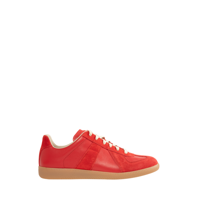 Image 1 of 5 - RED - Maison Margiela Replica Sneakers featuring lace-up sneakers in buffed nappa calfskin and calfskin suede, contrasting sole, Maison Margiela logo label on the tab, internal Replica label, internal elastic and all-over Maison Margiela logo insole. 100% calf leather. Sole: 100% rubber. Made in Italy.