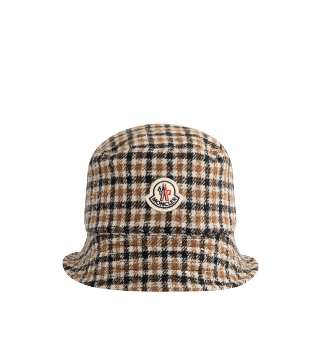 Image 1 of 2 - MULTI - MONCLER Reversible Wool Blend Bucket Hat featuring a wool blend, polyester and cotton blend lining, reversible and logo patch. 58% wool, 24% polyamide/nylon, 18% lyocell. Lining: 68% polyester, 32% cotton.