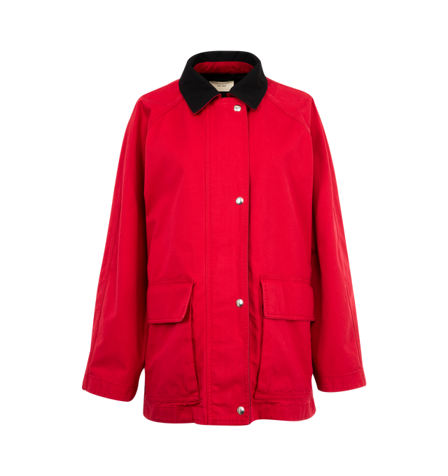 Image 1 of 4 - RED - THE ROW Elodianna Jacket featuring cotton canvas jacket, spread collar, concealed zip closure with press-stud placket, concealed bungee-style drawstring at waist, welt and flap pockets, raglan sleeves, storm flap at back and unlined. 100% cotton. Made in Italy.