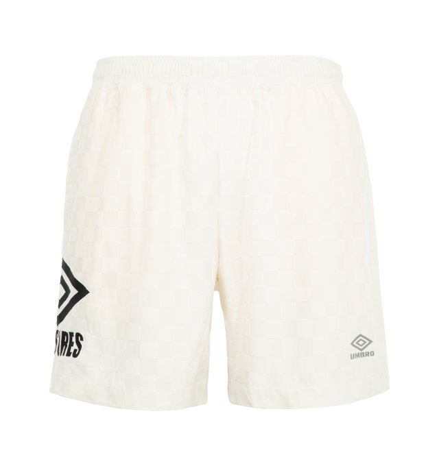 Image 1 of 3 - CREAM - Pleasures Men's Classic Shorts are crafted from lightweight polyester and feature an allover jacquard checker pattern. Designed with an athletic-inspired silhouette, the shorts are finished with embroidered detailing and a printed logo for a signature branded touch. Main Material: 100% Polyester.