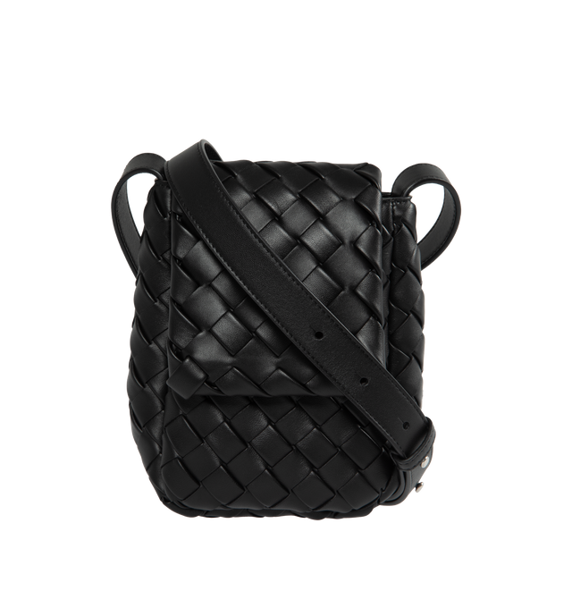 Image 1 of 3 - BLACK - BOTTEGA VENETA Mini Cobble Crossbody Bag featuring adjustable strap, front flap and lambskin leather. 5.5in x 7.5in x 3.2in. Strap drop length: 25.6in. Made in Italy.  