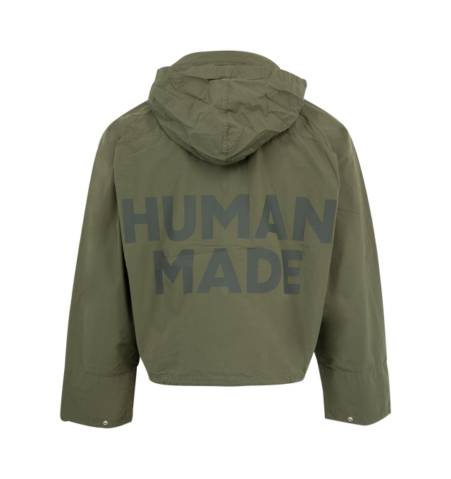 Image 3 of 4 - GREEN - HUMAN MADE Fishing Jacket featuring half-zip jacket with a hood stored in the collar, 3 flap pockets on front, logo on back, cropped fit has a drawstring at the hem and snap buttons on the cuffs. 60%cotton, 40% nylon.