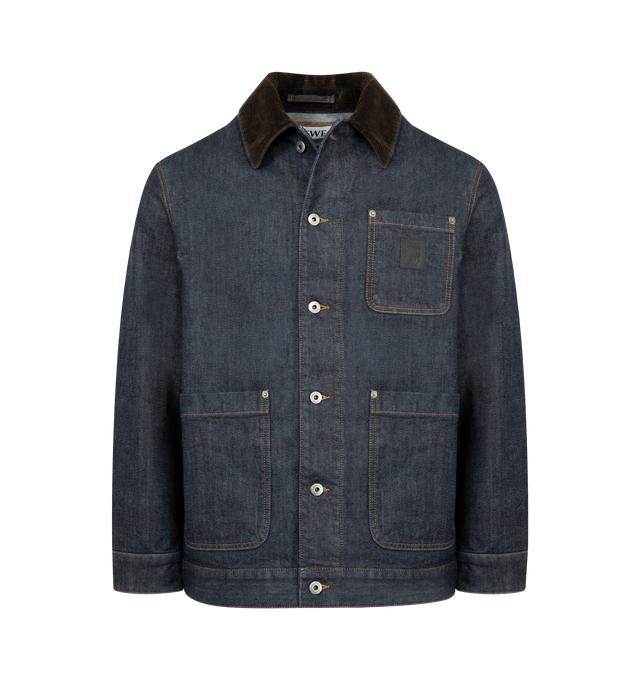 Image 1 of 3 - BLUE - LOEWE Jacket in medium-weight double face cotton denim featuring a corduroy collar, a striped brushed cotton lining, relaxed fit, regular length, button front fastening, buttoned cuffs, chest patch pocket, patch pockets, inside Anagram leather patch pocket, adjustable waist tabs and LOEWE Anagram embossed leather patch placed on the chest pocket. Cotton. Made in Italy.