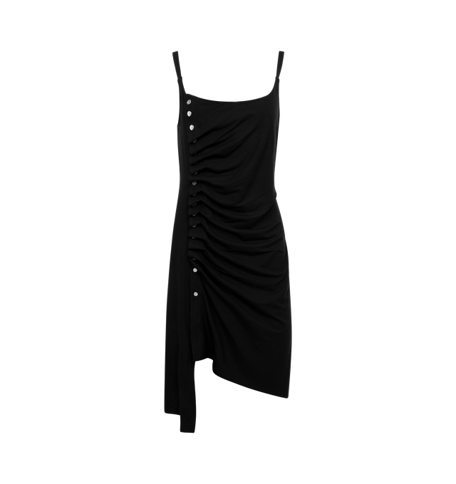 Image 1 of 3 - BLACK - RABANNE Gathered Midi Dress featuring straight neck, fixed elasticized shoulder straps, offset press-stud closure, gathering at front, asymmetric hem, vented outseam and unlined. 92% viscose, 8% elastane. Made in Portugal. 