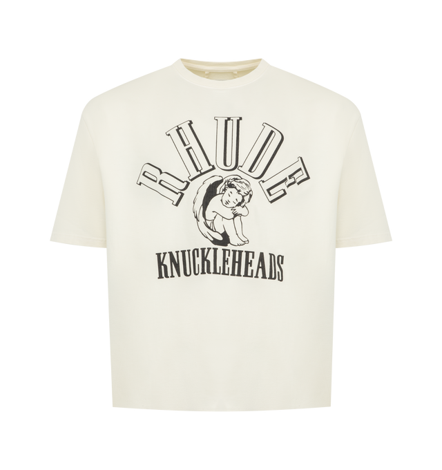 Image 1 of 2 - WHITE - RHUDE Knuckleheads T-shirt featuring graphic print on front, jersey cotton, crewneck, short sleeves and pulls over. 100% cotton. Made in USA.