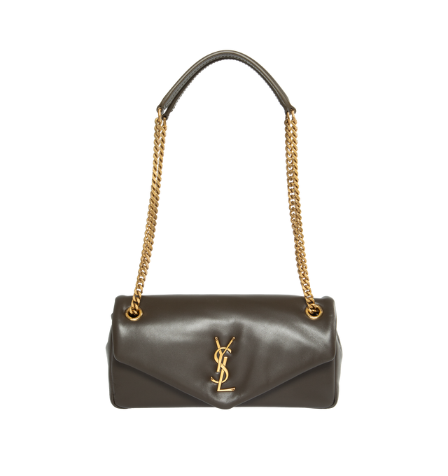 Image 1 of 3 - BROWN - SAINT LAURENT Calypso padded shoulder bag featuring snap button closure and one zip pocket. Chain drop 9.4". Dimensions: 2.8 x 5.5 x 10.6 inches. 100% leather. Made in Italy.  