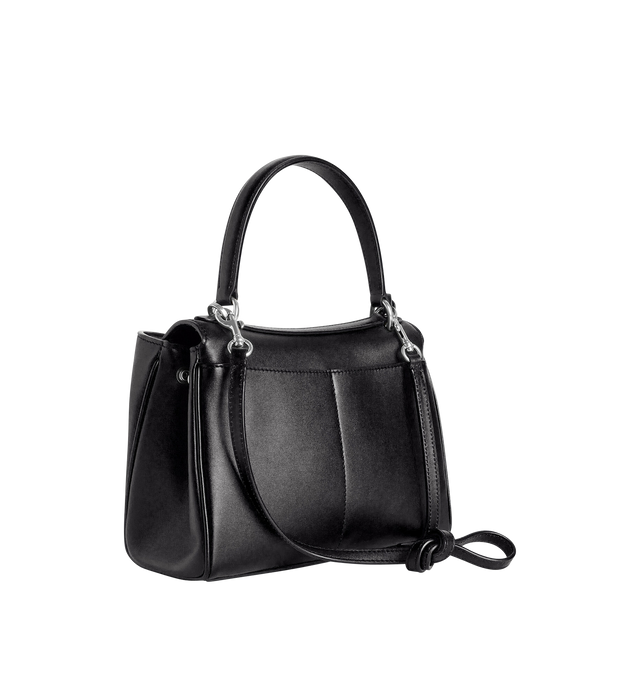Image 3 of 5 - BLACK - BALENCIAGA Rodeo Handbag Mini featuring smooth calfskin, one handle hand carry, removable crossbody strap, removable cloche cls with two split rings, aged-silver hardware, turn lock closure, wide front pocket, 1 main compartment, 2 flat pockets at back, side snaps, 4 brass feet and nappa lambskin lining. 9" x 6.7" x 3.9". Calfskin. Made in Italy.