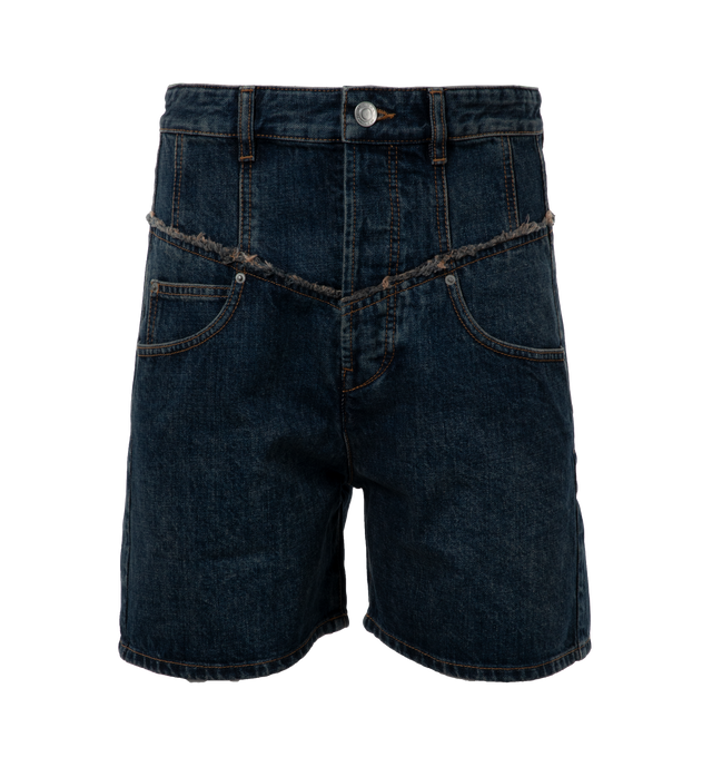 Image 1 of 3 - BLUE - ISABEL MARANT Oreta Denim Shorts featuring frayed edge at front and back, paneled construction, belt loops, five-pocket styling, button-fly, leather logo patch at back waistband and logo-engraved silver-tone hardware. 100% cotton. 