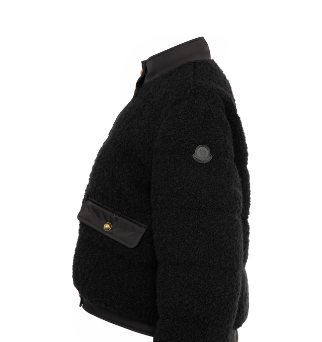 Image 3 of 3 - BLACK - MONCLER Blandy Wool Blend Boucl Short Down Jacket featuring wool blend boucl, longue saison lining, micro gabardine collar, front and cuffs, down-filled, pockets with snap button closure and leather logo patch. 41% acrylic, 35% wool, 24% polyester. Lining: 100% polyamide/nylon. Padding: 90% down, 10% feather. Made in Romania.