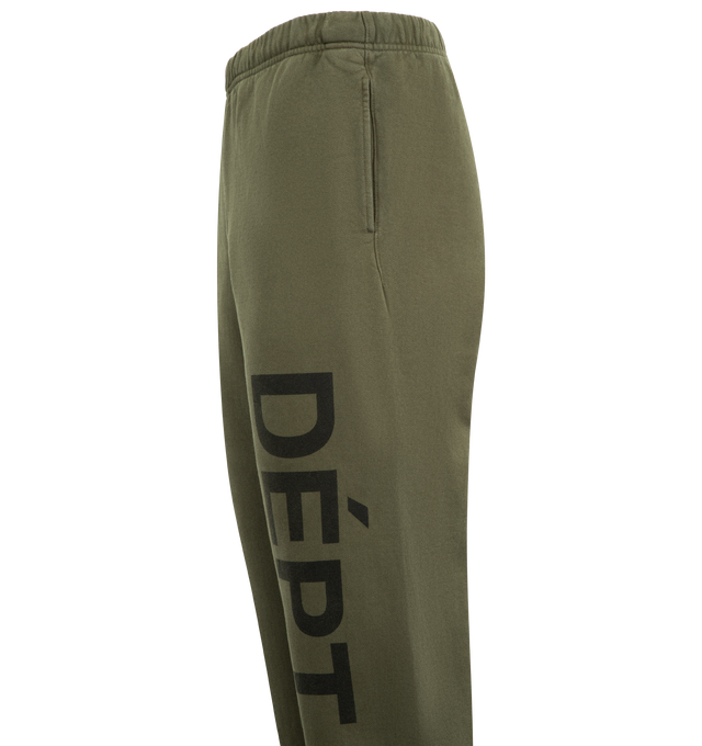 Image 3 of 3 - GREEN - GALLERY DEPT. Team Dept Sweatpant featuring sweatpant joggers, side seam pockets, elasticized waistband and cuffs with inner drawstring, distressed FRENCH DPT. print down the left leg, embroidered 'Sport Elegant' logotype and inner 'Art on Display' patch. 100% cotton. Made in USA.