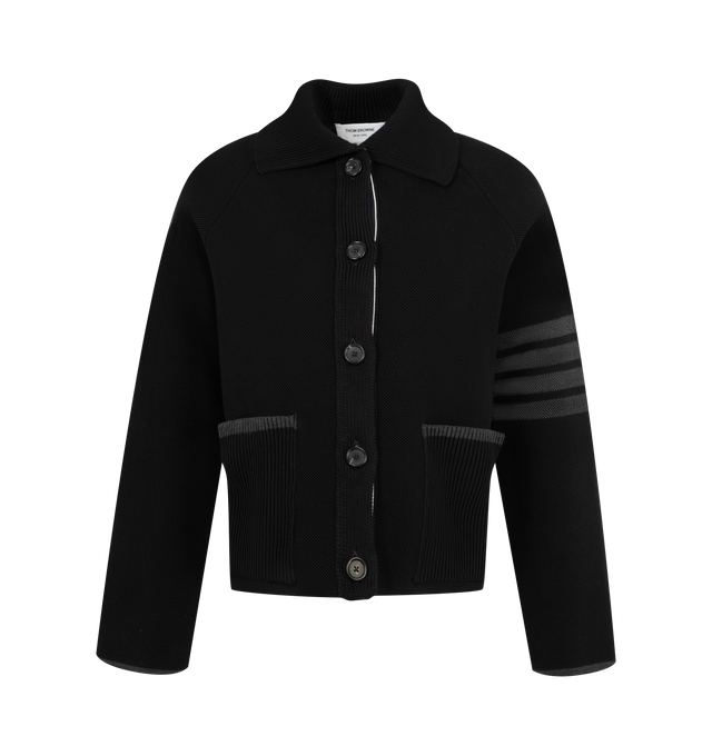 Image 1 of 3 - BLACK - Thom Browne Womens Double-Face Piqu Stitch Polo Collar Jacket is crafted from a virgin wool and cotton blend double-face piqu knit and features a rib-knit polo collar, front button closure, raglan sleeves, rib-knit patch pockets with contrast tipping, rib-knit cuffs and hem, signature 4-bar detailing, internal RWB grosgrain trim, and the signature striped grosgrain loop tab. Main Material: 50% Virgin Wool, 47% Cotton, 3% Polyamide. Made in Italy.