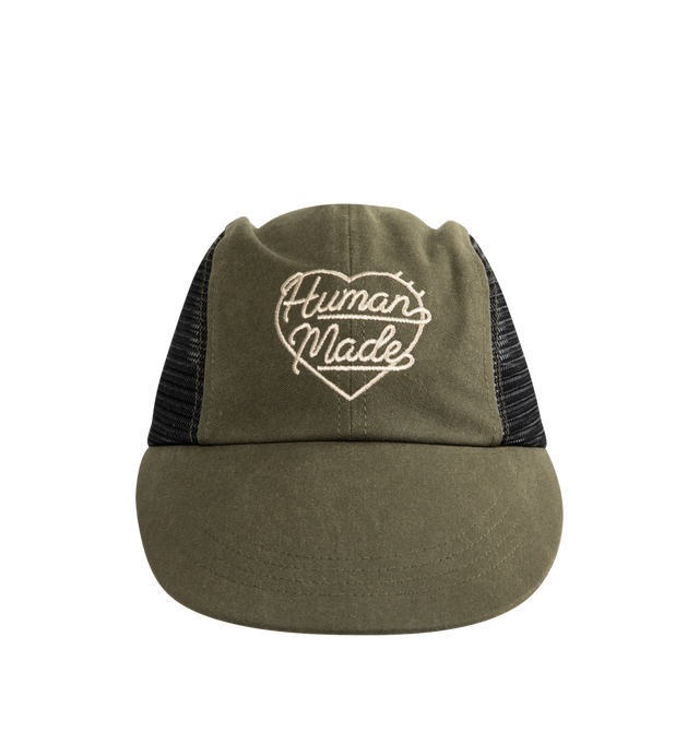 Image 1 of 3 - GREEN - HUMAN MADE Longbill Cap featuring four-panel design, canvas with distressed processing, nylon mesh side panels, long, flat brim, heart logo embroidered on the front and adjustable strap at the back. 54% cotton, 46% polyester. Mesh: 100% nylon. Made in Japan.