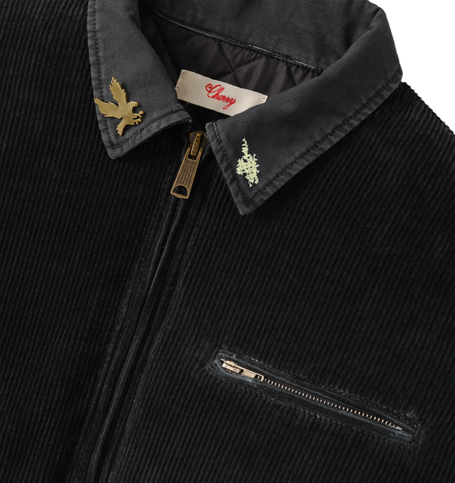 Image 3 of 7 - BLACK - Cherry LA Men's Corduroy Work Jacket is crafted from cotton corduroy and features a vintage-washed finish, a canvas collar, and a nickel zip closure at the front. Designed with double welt chest pockets with zip closures, side welt pockets, distressed detailing, and a screen-printed graphic at the back, this workwear-inspired style is finished with custom branded hardware and a removable eagle pin at the collar. Main Material: Cotton. Made in Los Angeles, USA.
