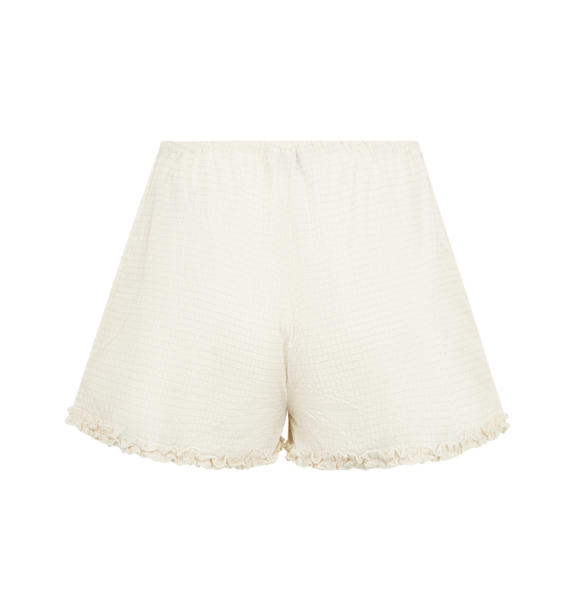 Image 5 of 6 - WHITE - DEIJI STUDIOS Yoke Set featuring relaxed babydoll top, straight neckline with button closure, gathered yoke seam, lettuce frill hem detail and fine, adjustable straps pairs back with an easy pull on short featuring double button detailing, elastic waistband and baby lock lettuce frill hem. 100% organic cotton poplin.