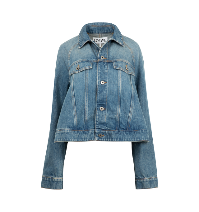 Image 1 of 3 - BLUE - LOEWE Trapeze Jacket in medium-weight cotton denim featuring a trapeze silhouette with raglan sleeves, regular fit, short length, classic collar, button front fastening, buttoned cuffs, buttoned chest patch pockets, seam pockets and LOEWE Anagram embossed leather patch placed at the back. Cotton. Made in Italy.